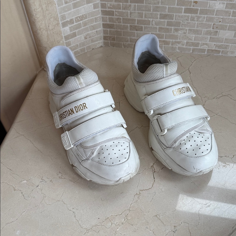 Dior White Leather Triple-Strap Sneakers with Gold Logo